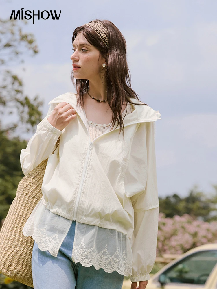 

MISHOW Sunscreen Summer Coat Women New 2025 Long Sleeve Hooded Solid Lace Loose Cardigan Female Thin Breathable MXE33W0780