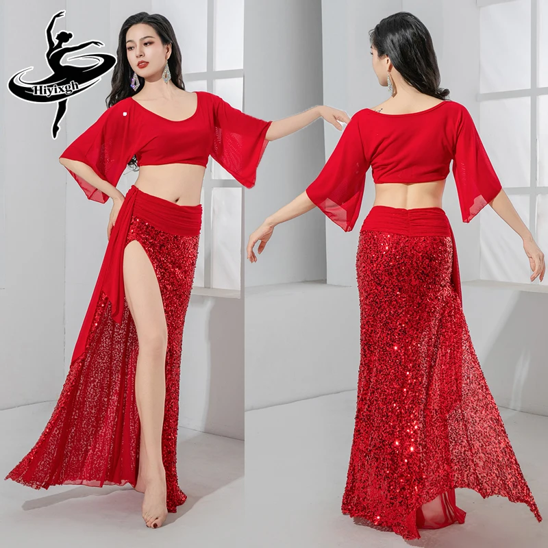 

Комплект из 2 предметов: Женский костюм для восточных танцев, групповой костюм для танца живота, прозрачный сетчатый топ, тренировочный костюм, длинная юбка с блестящими пайетками