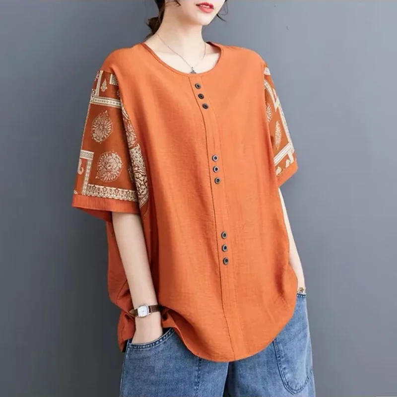 Women's Cotton Linen Loose Pullover T Shirt Western Style Summer Top Slimming 5/4 Sleeve Printed Casual Fashion for Plus Size