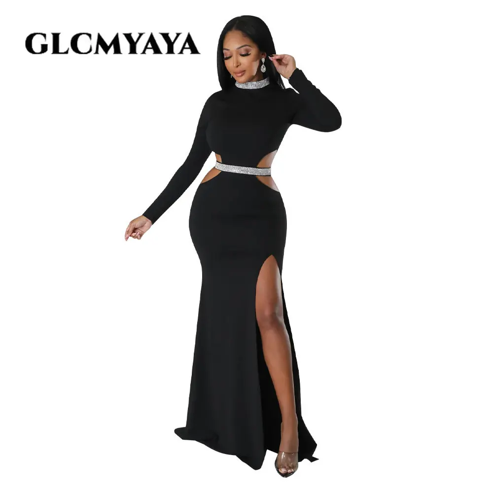 GLCMYAYA Nữ Cutout Eo Độ Bên Cao Xẻ Tay Dài Đầm Maxi Dài Đầm Thời Trang Thu Đông Bodycon Áo Vestidos