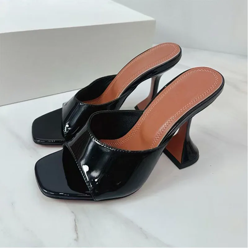 

Sexy High Heels Slippers Women Genuine Leather Party Shoes Woman Square Peep Toe Summer Slides Strange Style Heels Sandals Women
