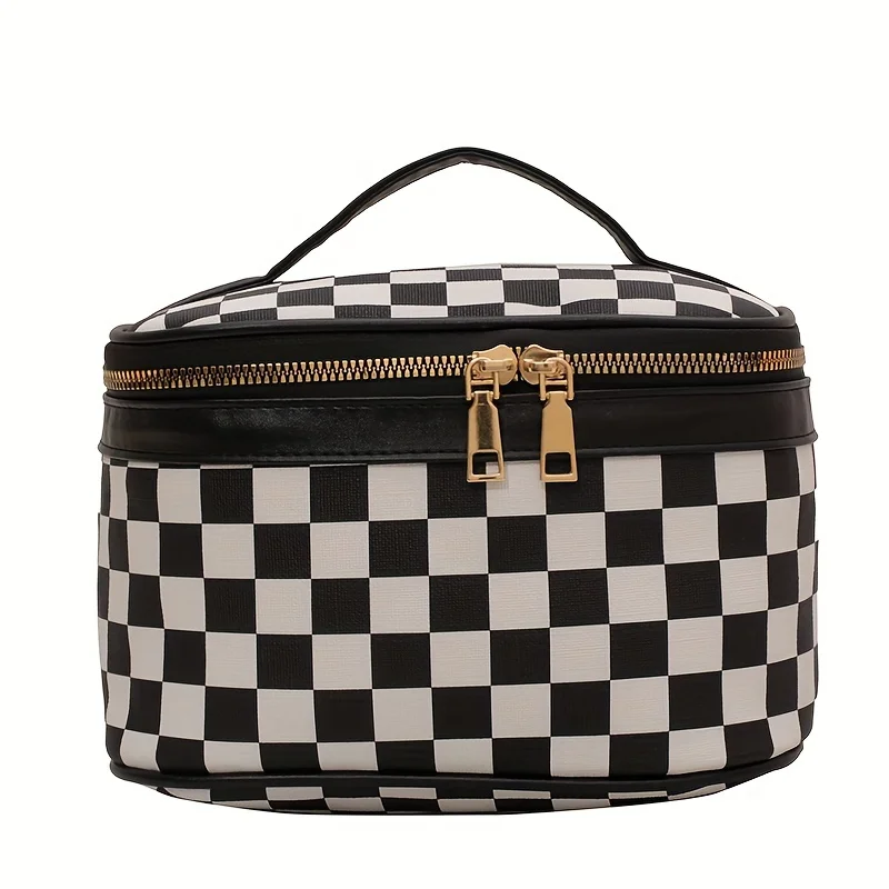 Checkered Print Cosmetic Bag, Portable Travel  , Women's Zipper Toiletry Bag For Going Out