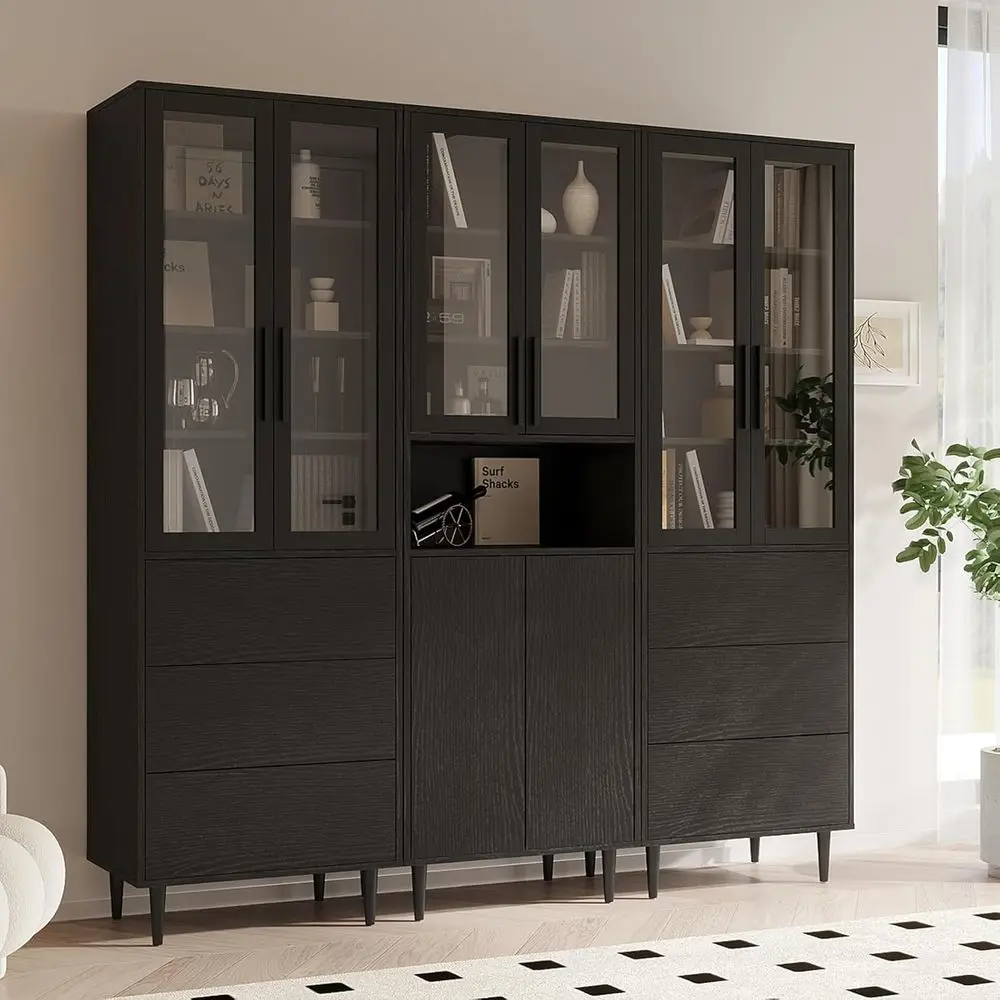 

6-Tier Contemporary Bookshelf with Drawers, Home Office Storage, Black Framed, Holds Books & Decor