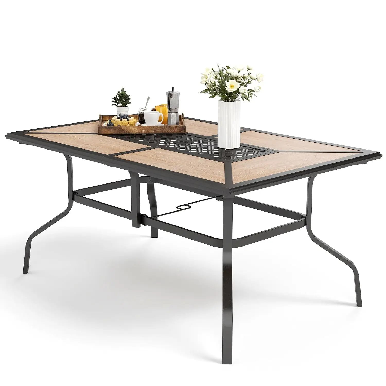 Outdoor Dining Table for 6, Long Metal Table w/Umbrella Hole | 61