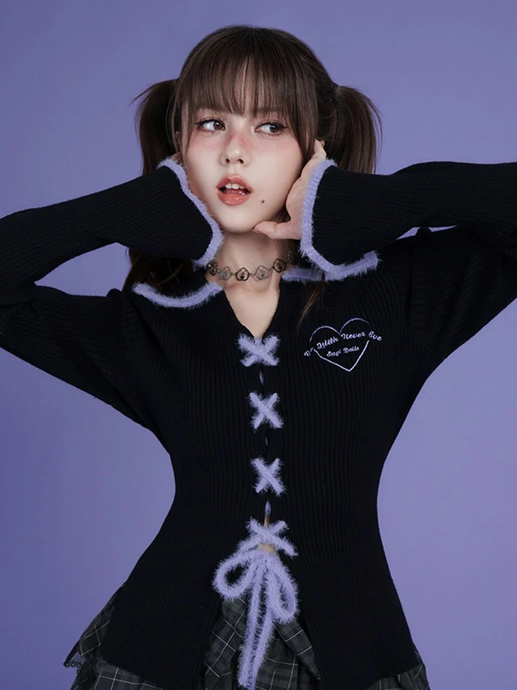 

Y2K Women Knitted Sweaters Harajuku Streetwear Lace Up Patchwork Slim Fit Pullovers Fall Peter Pan Collar Preppy Hottie Tops