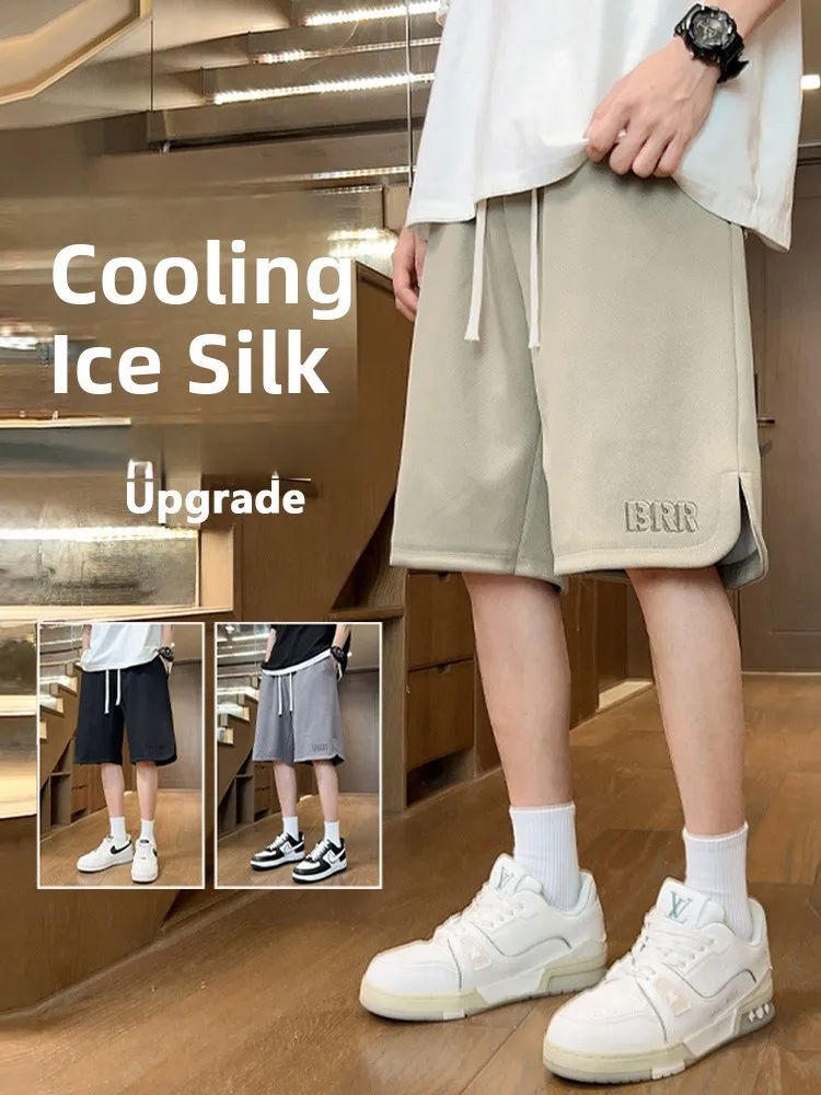 

Heavyweight Men's orts Summer 2024 New Split Ice Silk Five-Quarter Loose Casual Sports Mid-Pants Faionable Youth Leisure