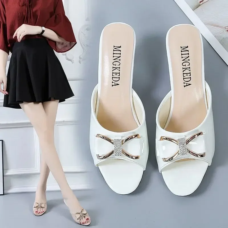 Women's Slippers and Ladies Sandals Open Toe Slides Jewels White Shoes with Bow Summer 2024 Rhenstone Outside Crystals W Vip B I