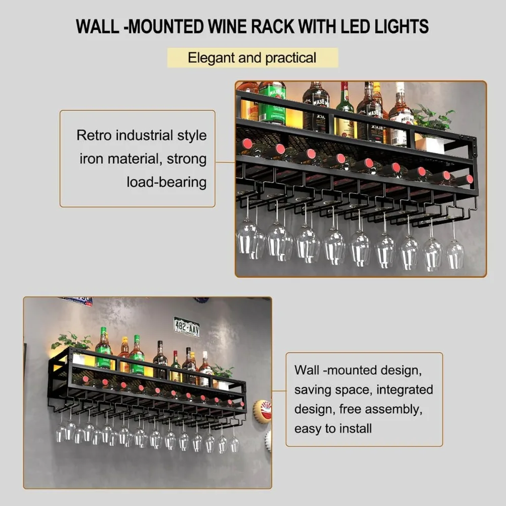 Pengfei led rack de vinho montado na parede, prateleira de vinho de parede de metal industrial e suporte de vidro, grandes prateleiras flutuantes armazenamento de garrafa de vinho