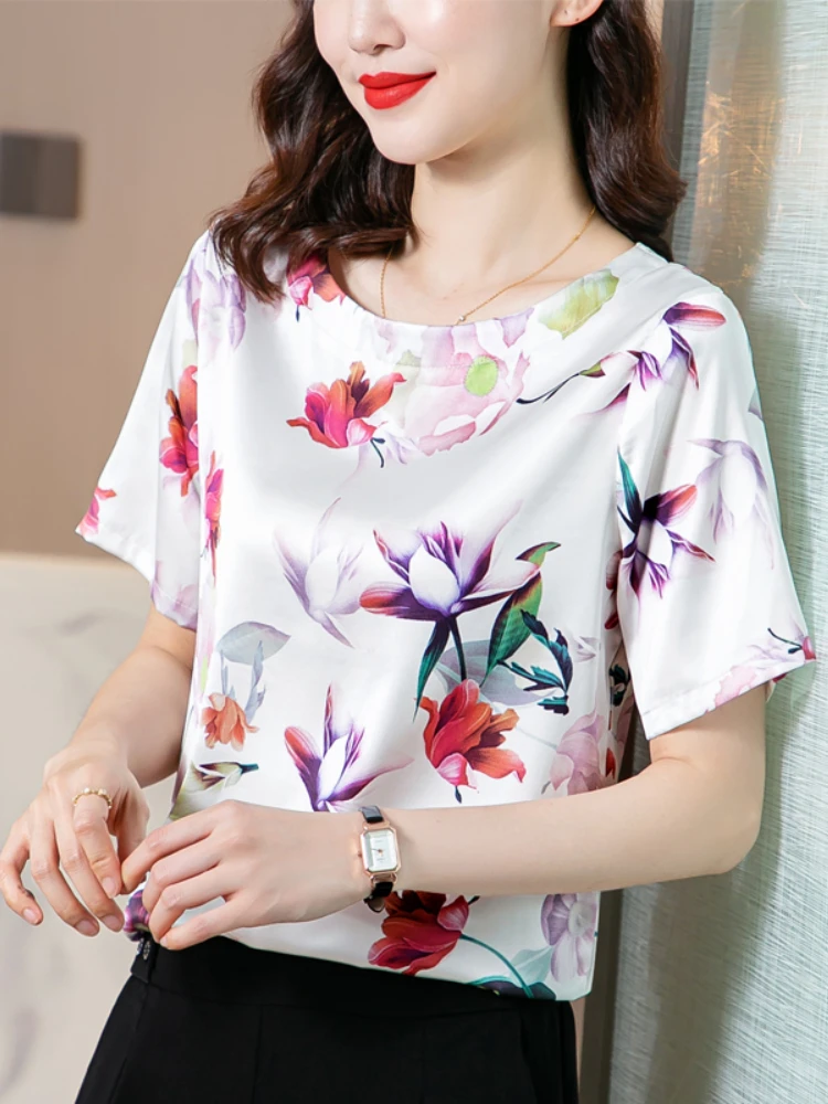 

Fashion Woman Blouses 2022 Summer Silk Female Clothing Elegant Blouses Short Sleeve Blouses for Women Floral Satin Women’s Tops