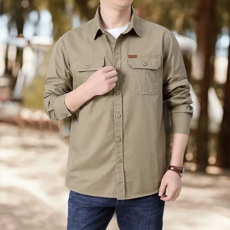 Long Sleeve Cargo Sweatshirts Men Clothing Retro Spring Autumn Casual Turn Down Collar Shirts Male Camisa Militar Overshirt