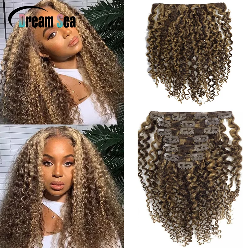 P4/27 Kinky Curly Clip In Hair Extension 7PCS Seamless Virgin Indian Highlight Colored Peruvian Human Hair Fluffy Full Head