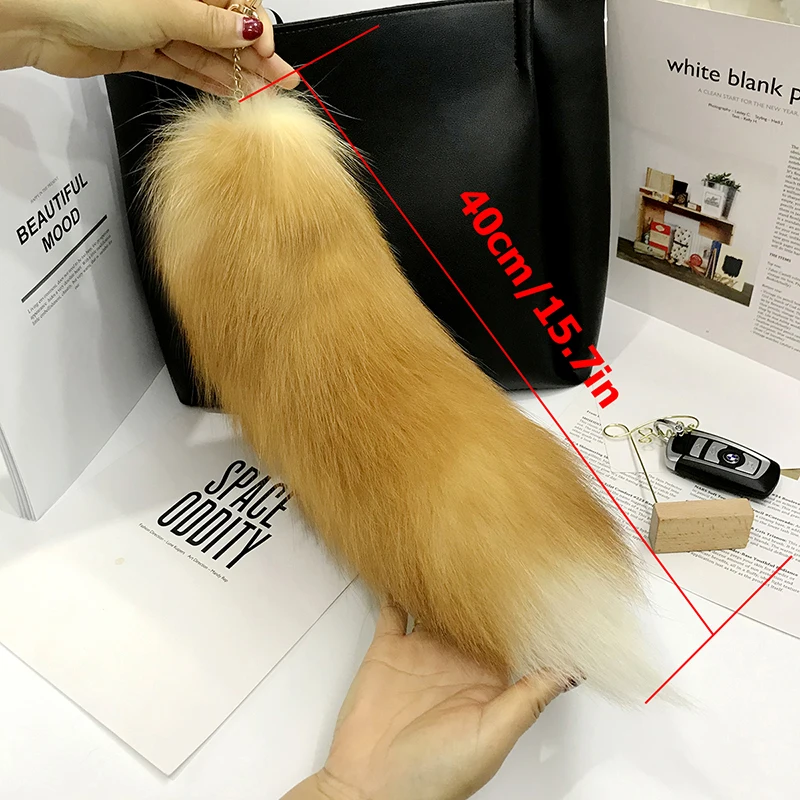 New Real Fox Fur Tail Large Long Natural Fur tail Keychain Pendant Cosplay tail Cute Wolf Fox Tail Fur Car Keychains For Women