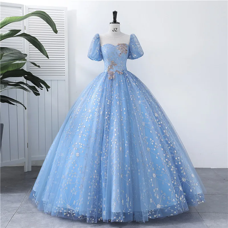 

MANRAY Blue Vestido De Debutante 2023 New Sequin Tulle Ball Gown Sweet Scoop-neck Floor-length Elegant Quinceanera Dresses