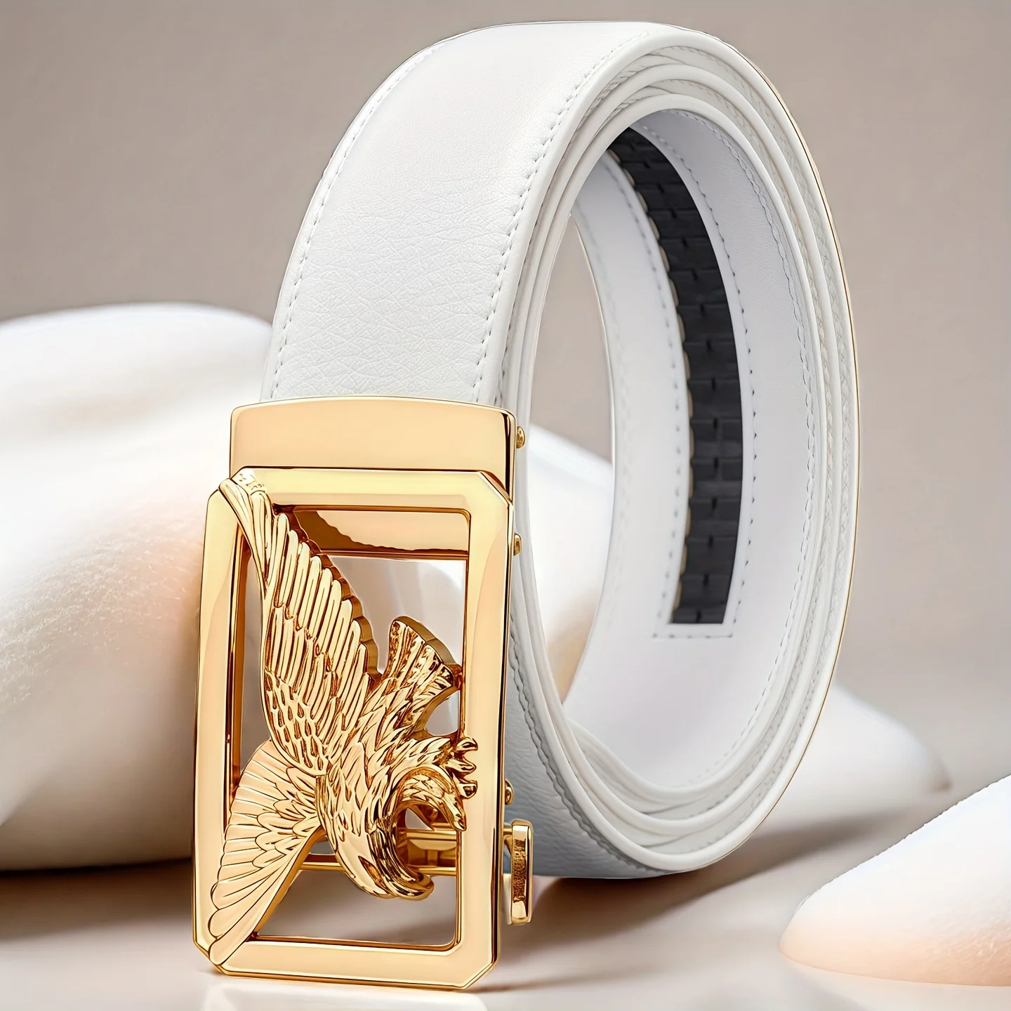 Men's White Automatic Buckle Belt with Golden-Tone Metallic Eagle Design - Stylish Faux Leather Business, Casual Belt for Men