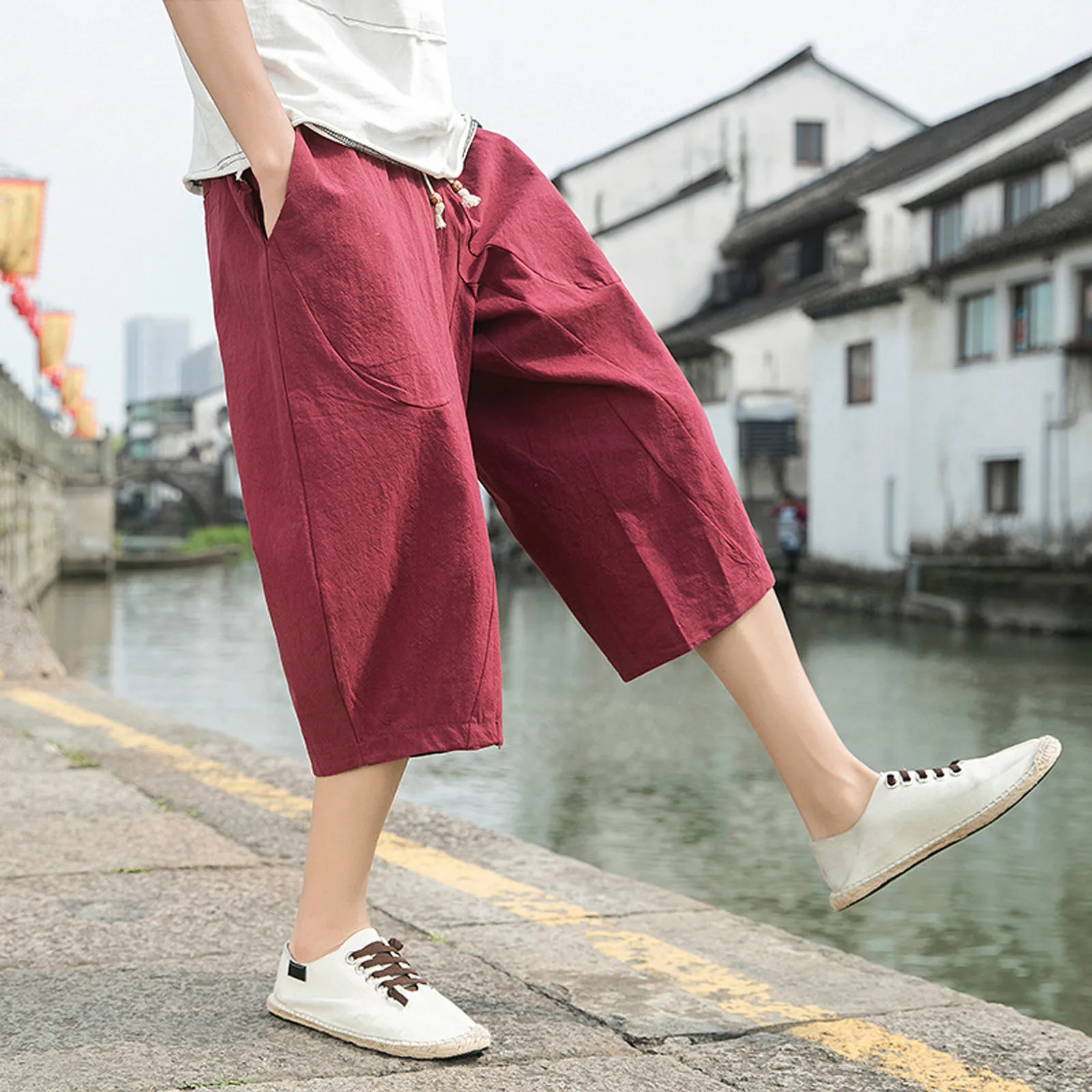 

Casual Solid Pockets Loose Cropped Pants Mens Short Wide Leg Harem Pants Cotton Linen Elastic Waist Trouser Pantalones De Hombre