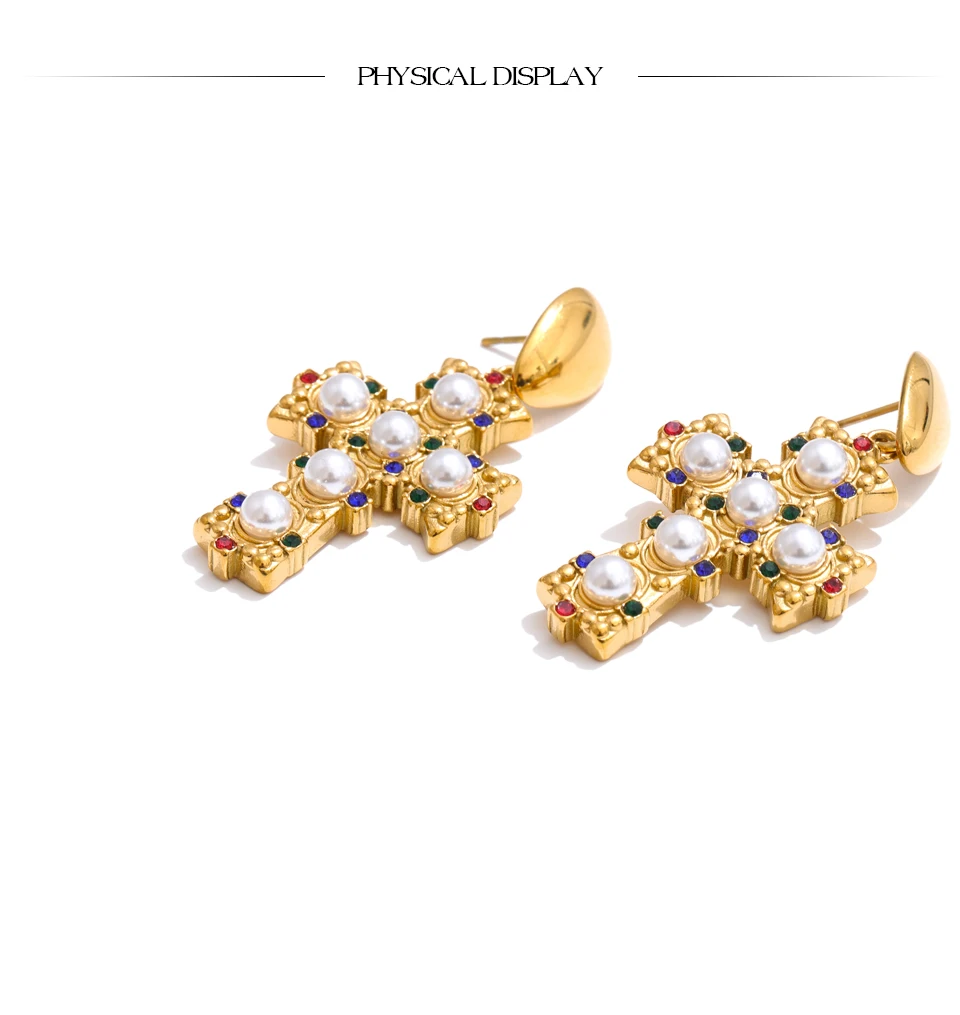 Yhpup Vintage Imitation Perlen Zirkonia Kreuz Tropfen Ohrringe 18 Karat Gold Farbe Edelstahl Beliebte Schmuck 2025 – Detail 9