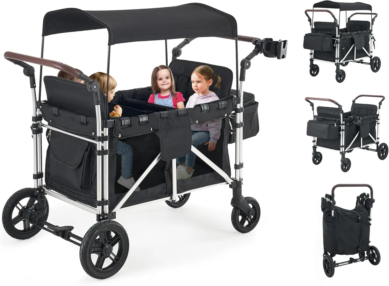 

Stroller Wagon for 4 Kids, Wagon Cart Featuring 4 High Seat with 5-Point Harnesses and Adjustable Canopy, Foldable Double Push