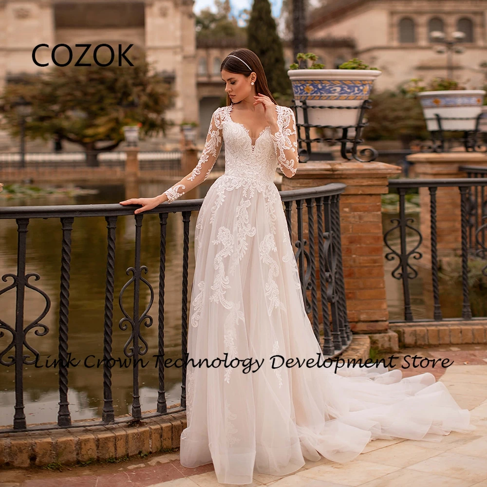 

COZOK Strapless Ivory Wedding Dresses for Women Full Sleeve Bridal Gowns with Lace 2024 Summer Court Train Vestidos De Novia New