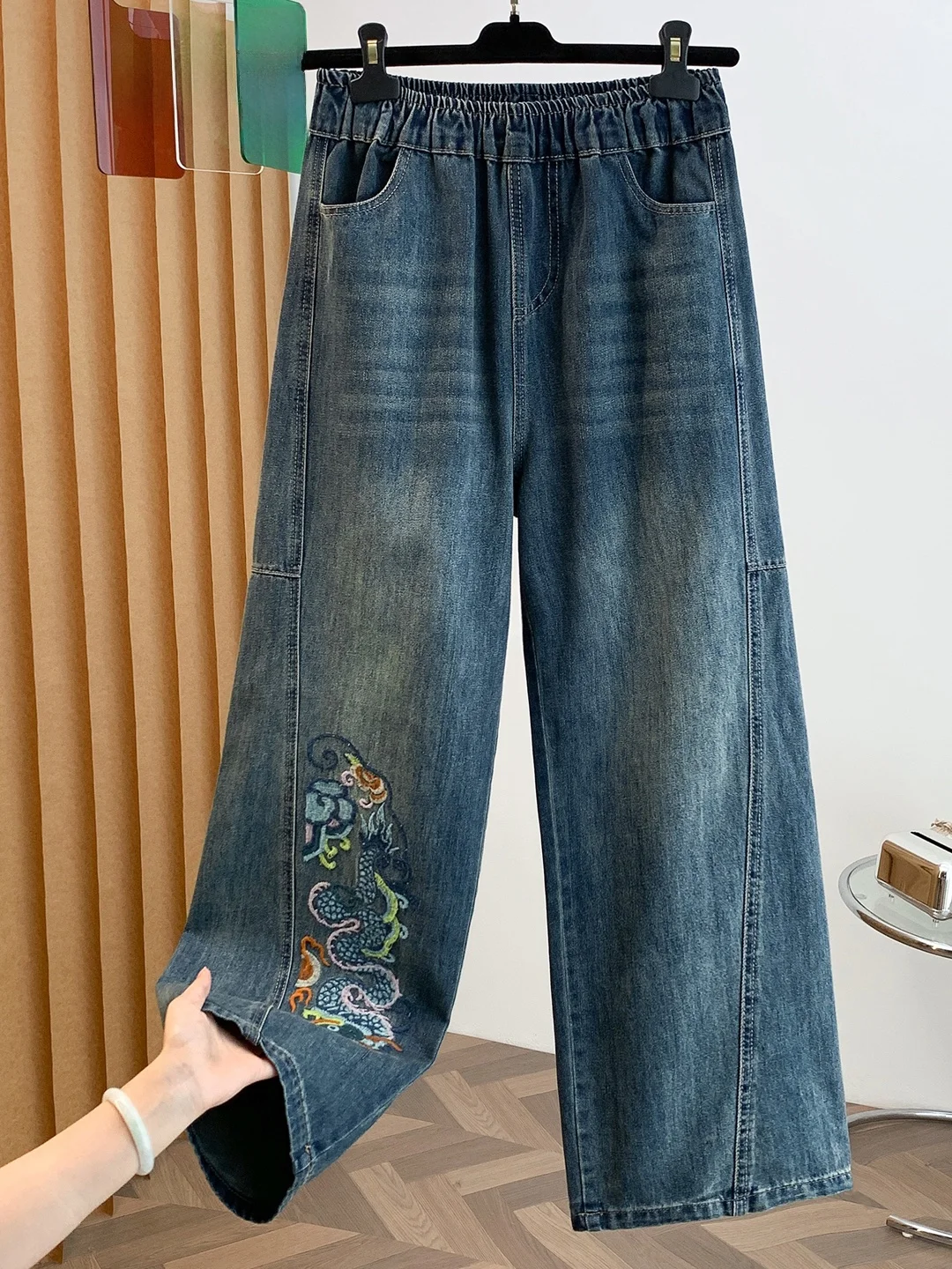 New Chinese Style Embroidered High Waist Wide Leg Jeans Women's Slim Straight Tube Pants Spring Autumn Popular Straight Cut