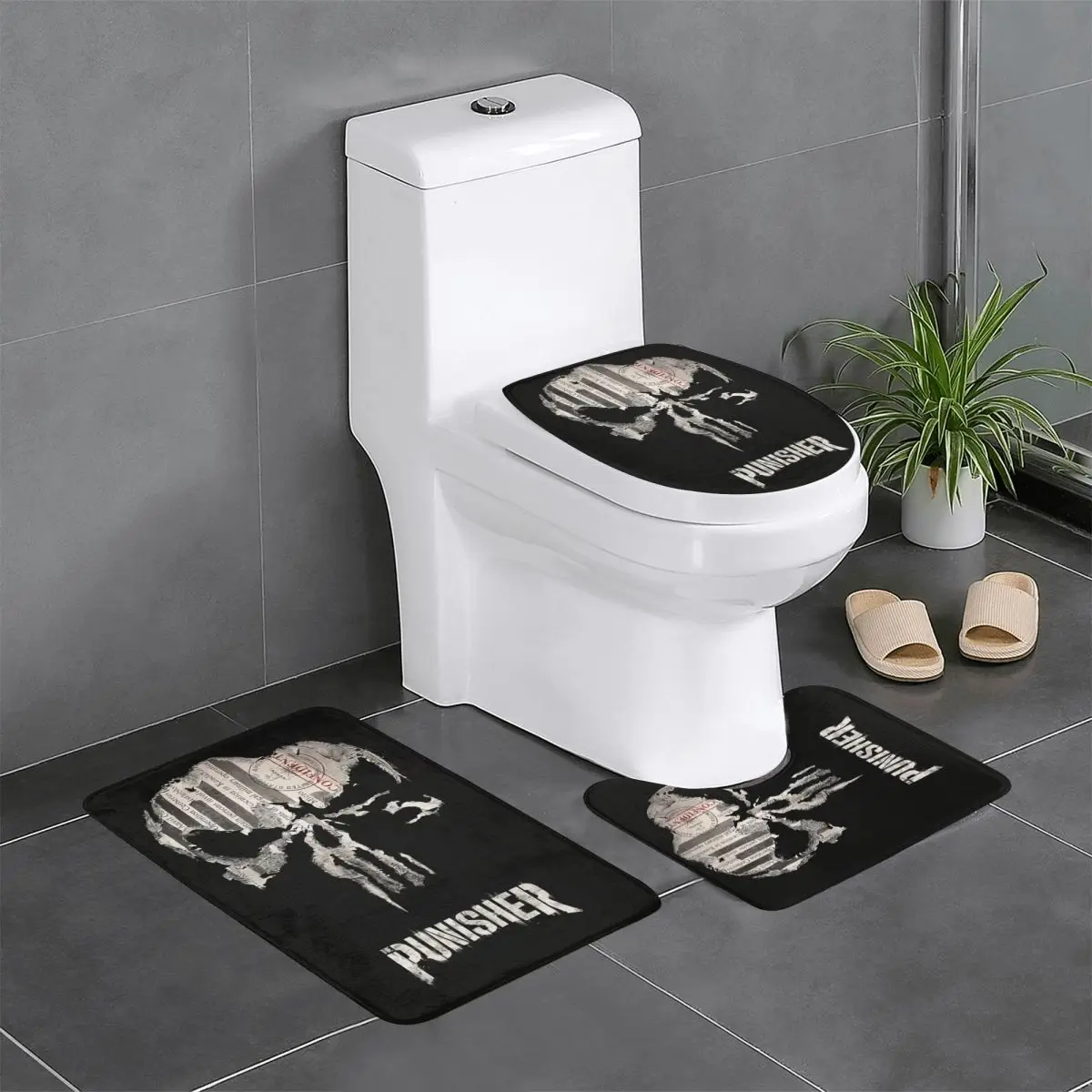 

Пользовательские Скелет Череп Тяжелый Металл Каратели 3-х шт. Набор Ковриков Для Ванной Комнаты Нескользящие Наборы Ковриков Для Туалета Ванной