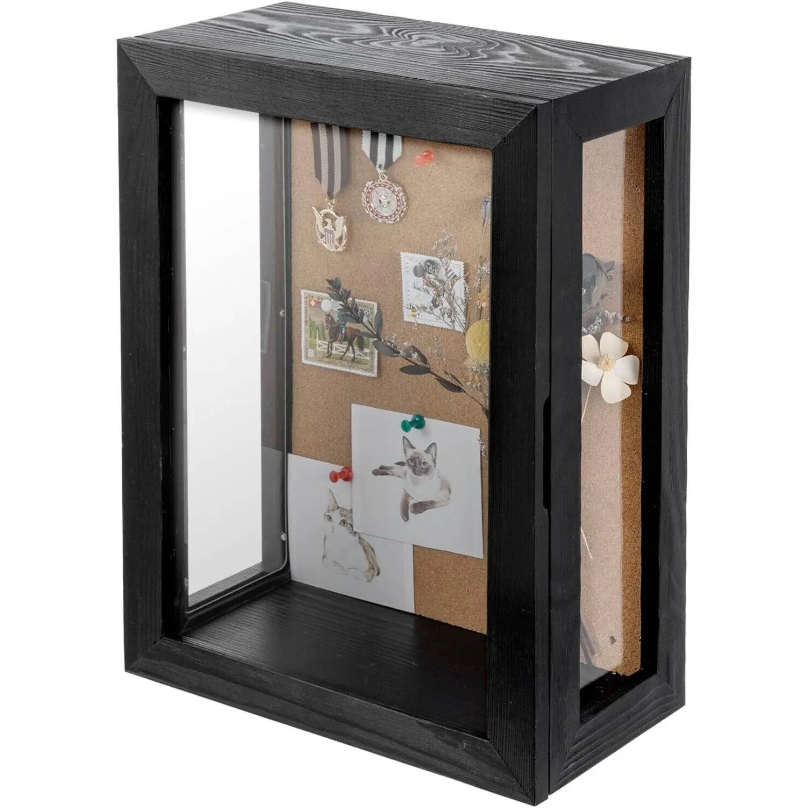 Wall Mounted Brown Wood and Black Metal Shadow Box, Clear Acrylic Viewing Panels United States