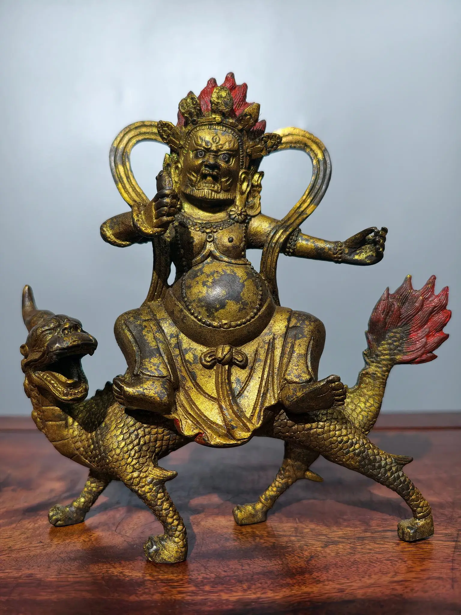 Tibetan brass gilt painted face antique riding beast white god of wealth Buddha statue ornament home hall desktop incense case s