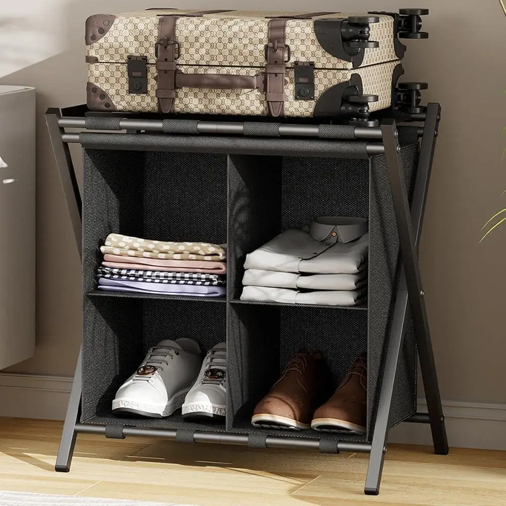 Guest Room Folding Luggage Rack Suitcase Stand with Fabric Storage Rack Compact Steel Holder Easy Packing Unpacking
