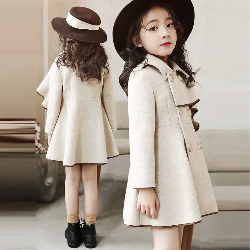 Girls Warm Woolen Coat Winter Thicken Outerwear Girl Woolen Jacket Kids Ruffle Sleeves Long Overcoat Autumn Fashion Girl Jackets