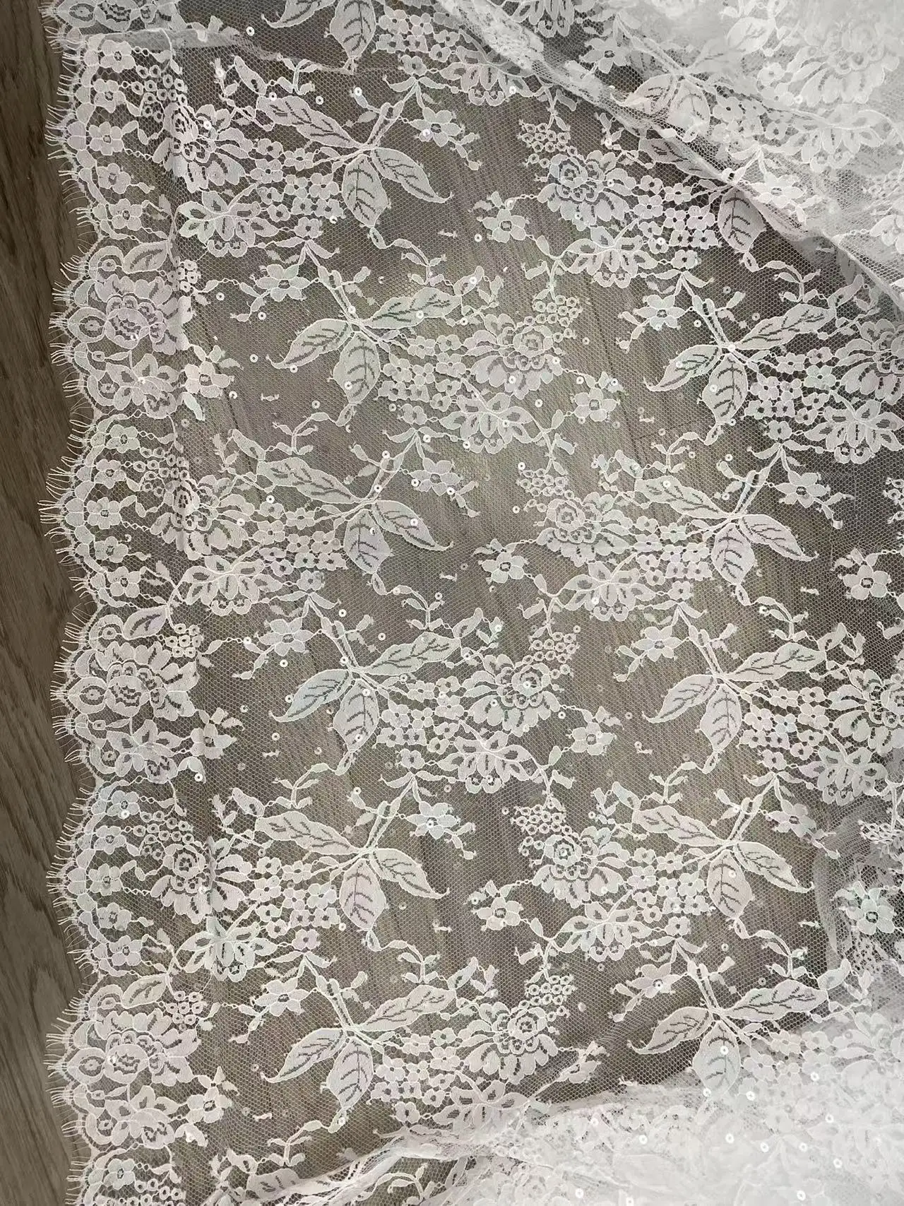 3 Meter Lace Fabric Trims, Chantilly Bridal Lace with Sequins, Wedding White French Lace Veil Lace with Eyelash