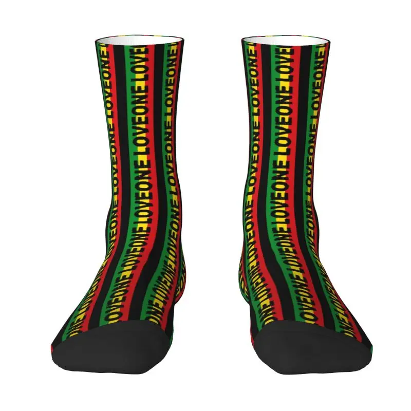 Fun Print One Love Reggae Jamaica Flag Socks for Women Men Stretchy Summer Autumn Winter Jamaican Rasta Stripe Crew Socks