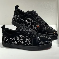 Silver Crystal Hot Diamond Totem Men's Sports Shoes Spring Round Toe Flat Shoes Couple Black Suede Shoes Shiny Diamond Casual