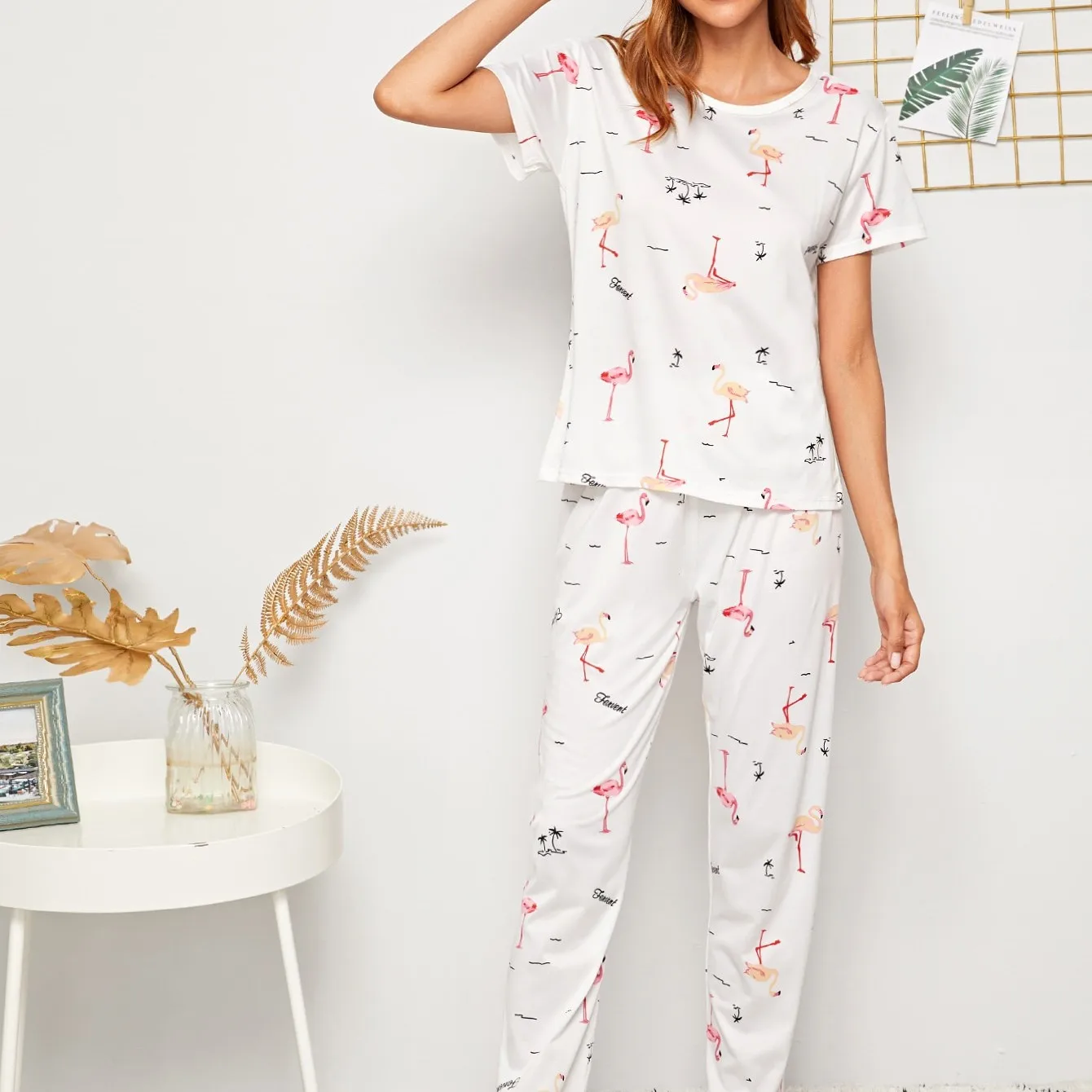 Women's Pajamas Set 2 Piece Flamingo Print Pyjama Soft Sleepwear Spring Summer Short Sleeve Long Pants Pijama Mujer Pjs Homewear