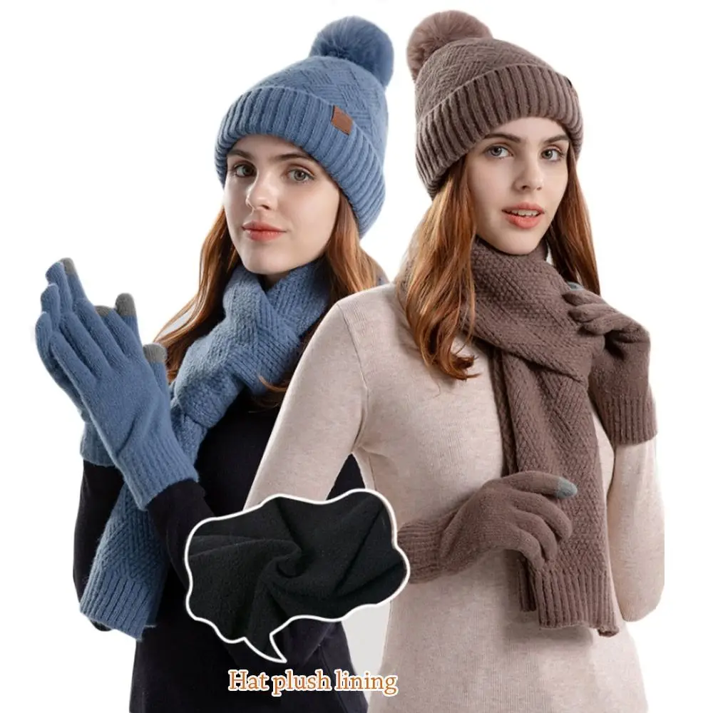 3Pcs/Set Winter Touchscreen Knitted Hat Neck Protection Soft Beanies Hat Windproof Outdoor Scarf Gloves Set Men Women