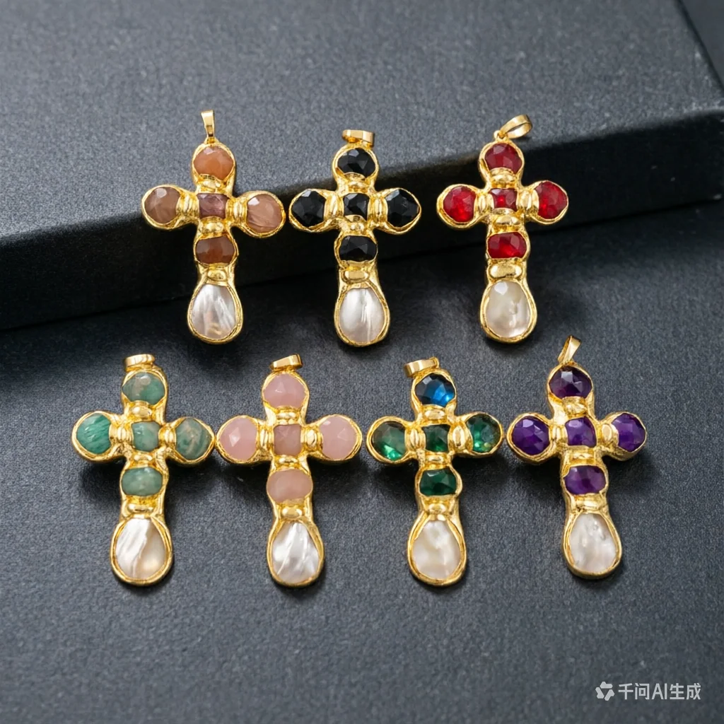 

WT-JP449 Newest Labradorite Natural Stones And White Shell Spliced 18K Gold Plated Cross Pendants As Unique Jewelry Gift