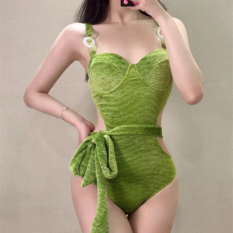 

2024 Новый корейский зеленый цельный купальник с эффектом пуш-ап, женский монокини, трикини для похудения, купальные костюмы для отпуска, пляжная одежда