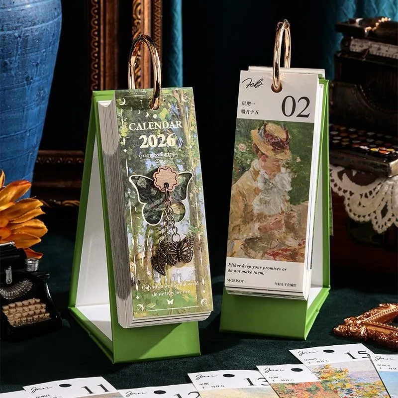 2026 レトロエレガントカレンダーゴールデンバックルデザイン油絵一方向フリップカレンダーオフィスデスク装飾学用品