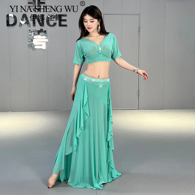 Abbigliamento per danza del ventre nuovi costumi per spettacoli di danza orientale Mesh Dance Practice Set da 2 pezzi Set da spettacolo di danza della squadra delle donne