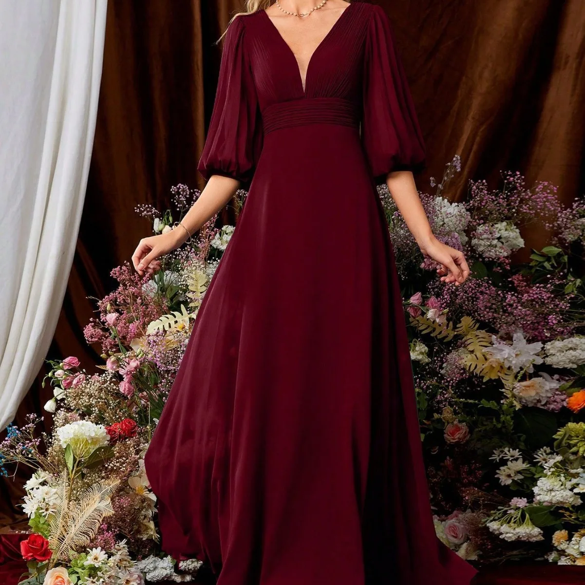 ชุดราตรีผ้าชีฟอง 2024 รุ่น Chiffon Dr Summer ขายดีข้ามประเทศ ชุดเดรสกำมะหยี่เอวต่ำ คอกลมสำหรับผู้หญิง