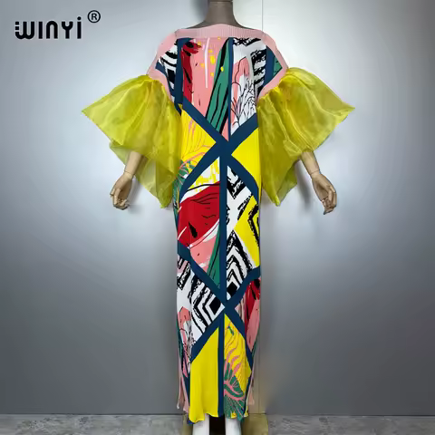WINYI Bubble sleeve pleated dress bohemian beach wear kaftan abaya dubai luxury party dress long down muslim woman evening dress
