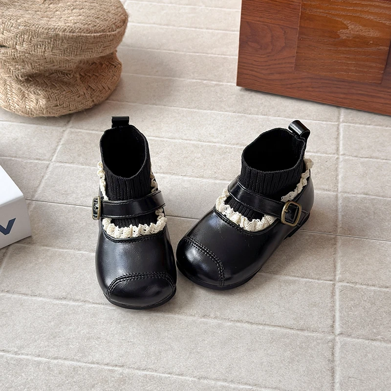 Kids Girls Sock Boots Faux Leather Upper Hook and Loop Stretch Knit Cuff Non Slip Sole Autumn Winter Children Dress Boots