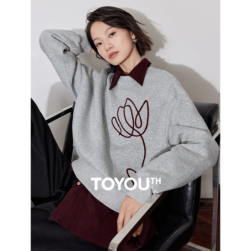 TOYOUTH Women Fleece Hoodie 2024 Autumn Winter American Style Rose Pattern Round Neck Casual Pullover Sweatshirt Tops