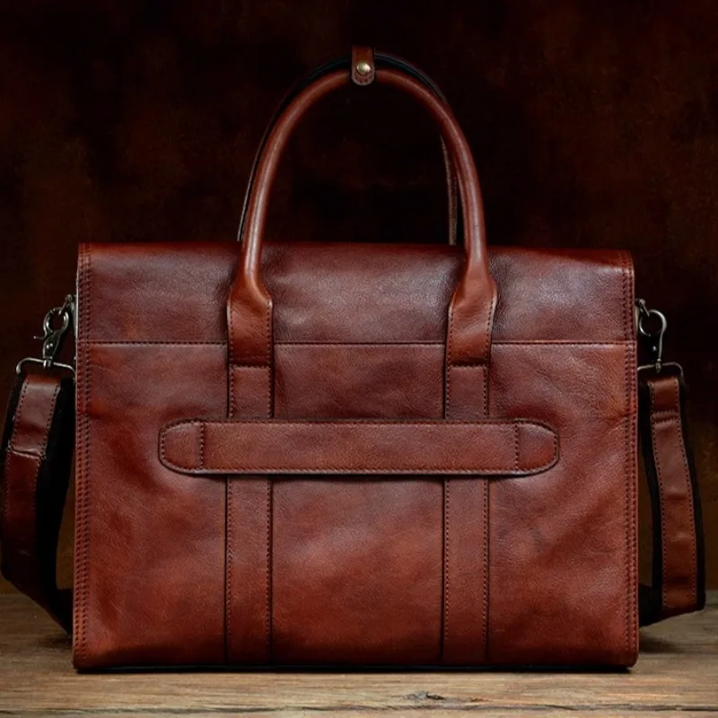 Handmade กระเป๋าถือหนังแท้ธุรกิจ Casual Premium Cowhide กระเป๋าเอกสารผู้ชายไหล่กระเป๋าคอมพิวเตอร์