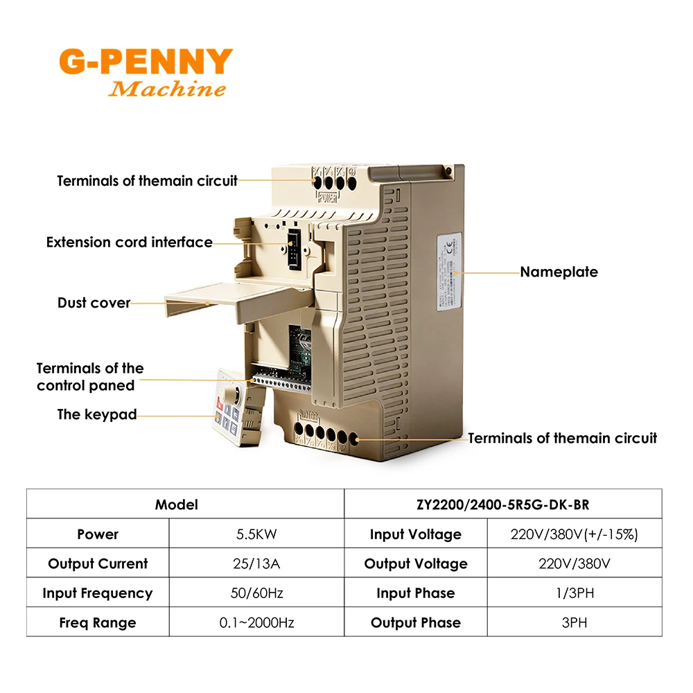 G-Penny 5.5kw Inverter 220v/380v VFD Variable Frequency Drive Speed Control 2000Hz Frequency Converter