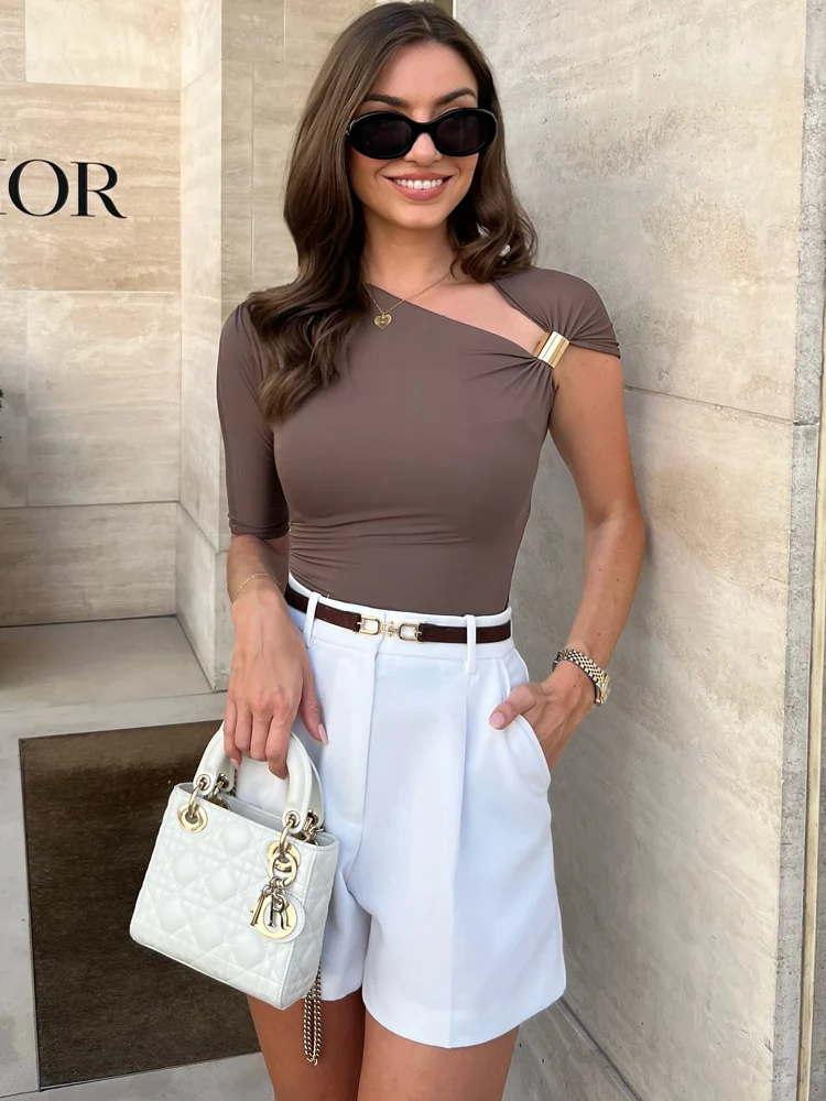 

HH 2025 Fashion Women Asymmetric Ruffled Slim T-Shirt Summer Metal Button Off-Shoulder Pullover Female Short Sleeve Tops