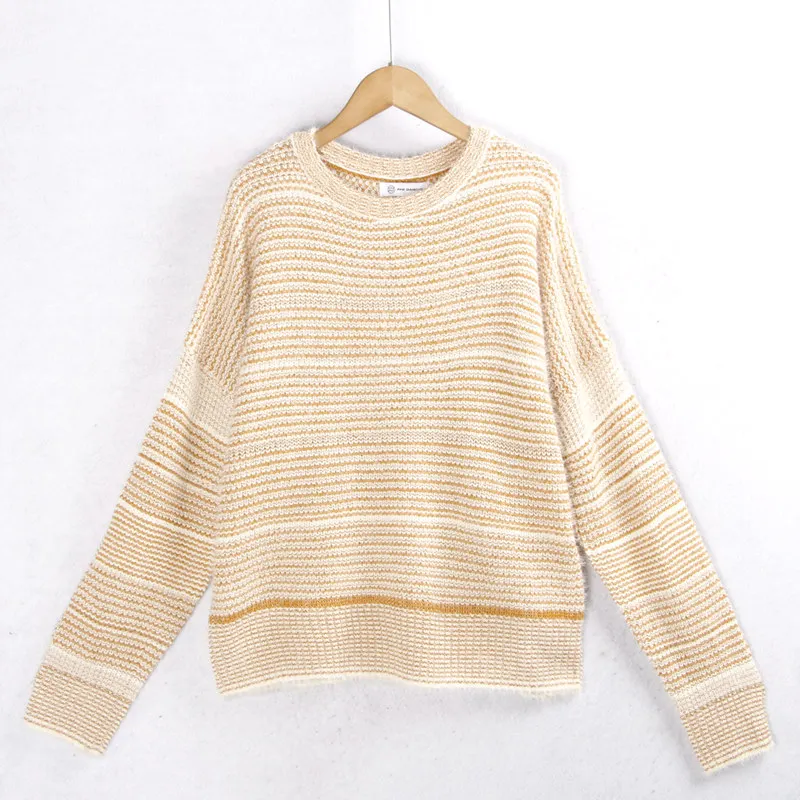 

Mixed Color Striped Sweater Simple Lazy Sle Knitted irt for Women Commute round Ne Regular Length Other 00% Autumn New