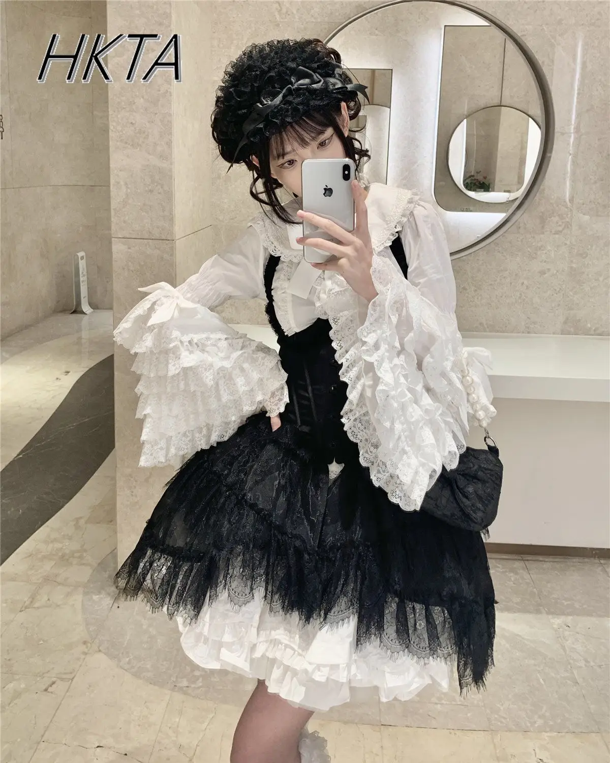 Lolita Original Lace Doll Collar Horn Long Sleeve Sweet Lace Shirt Inside Outside Black White Shirts Y2K Blusas Mujer Moda 2025