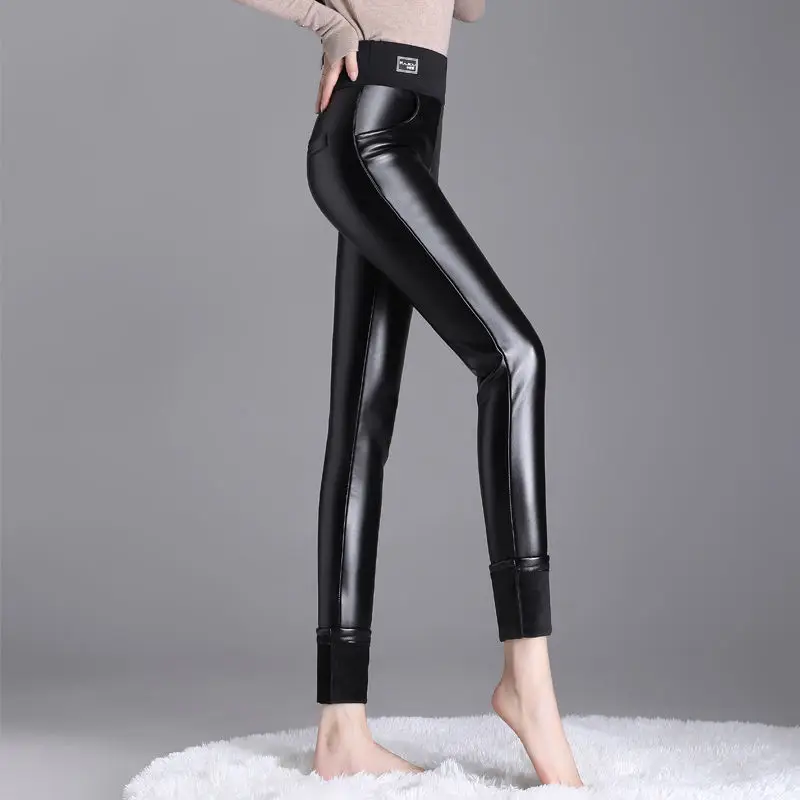 PU Leather Pants Women's Fleece-Lined Thickened High Elastic Warm-Keeping Pants Extended Pants Windproof Legging