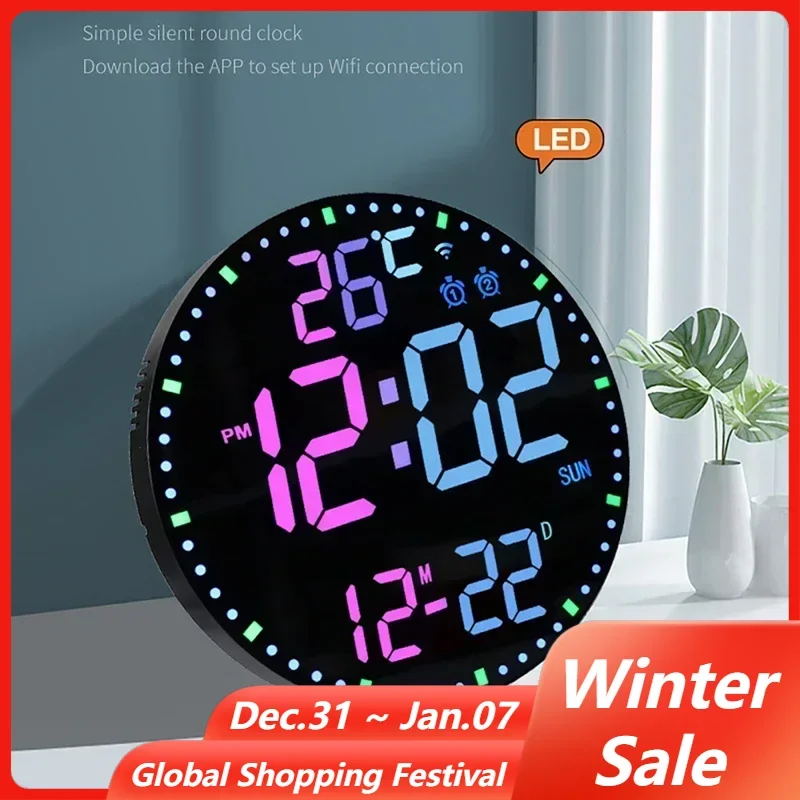 Wifi App Control RGB LED Wall Clock with Dual Alarms Living Room Temperature Date Time Week Display Electronic Alarm Clock