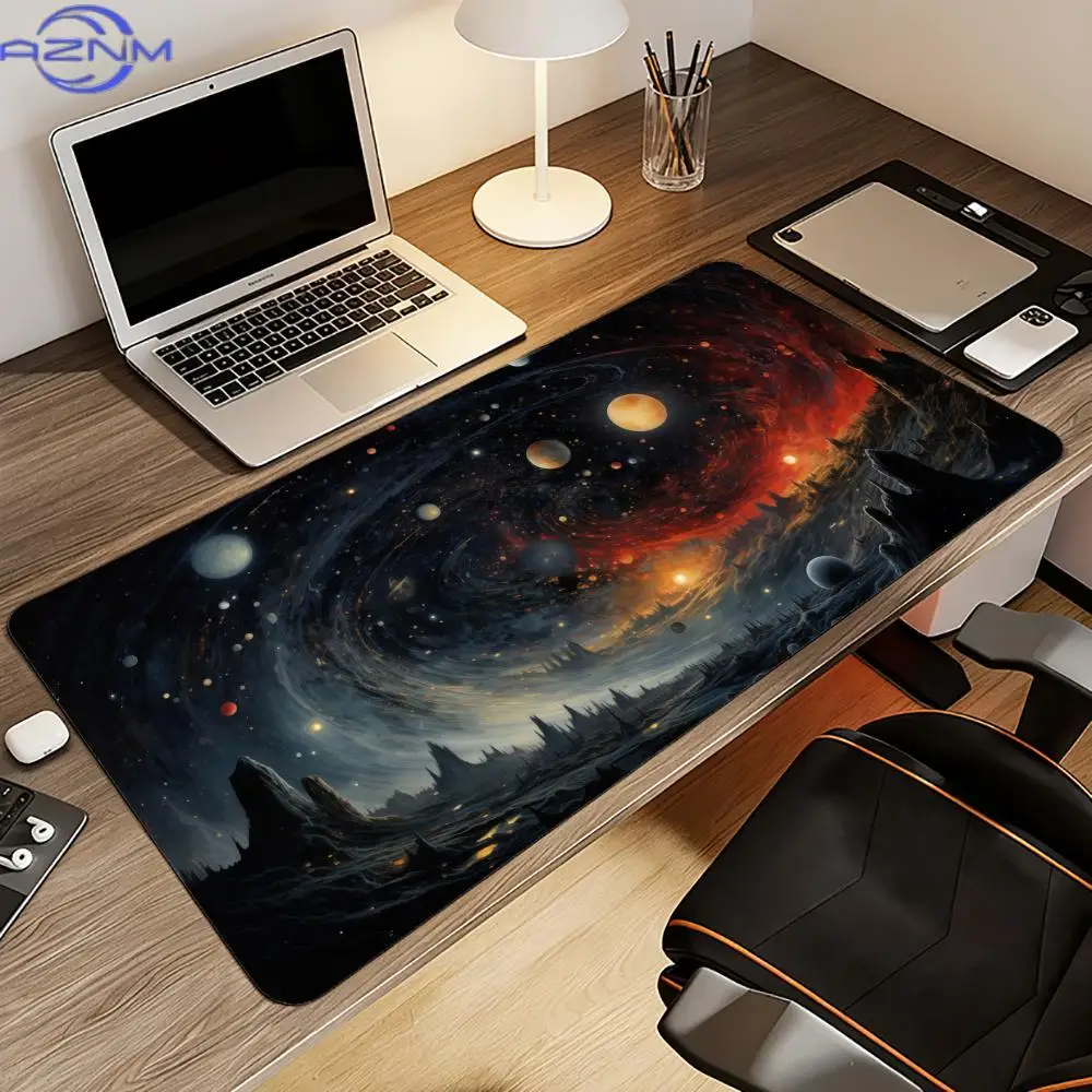 Deep Space Planet Galaxy Large Gaming Mouse Pad, Cosmic Nebula Landscape Non‑Slip Extended Keyboard Desk Mat for PC Gamers