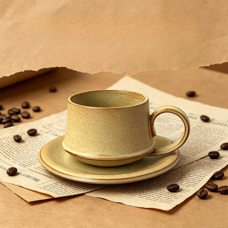 Vintage coarse pottery coffee cup & dish set,Japanese handmade texture ceramic coffee cup,home afternoon tea cup,Christmas gift